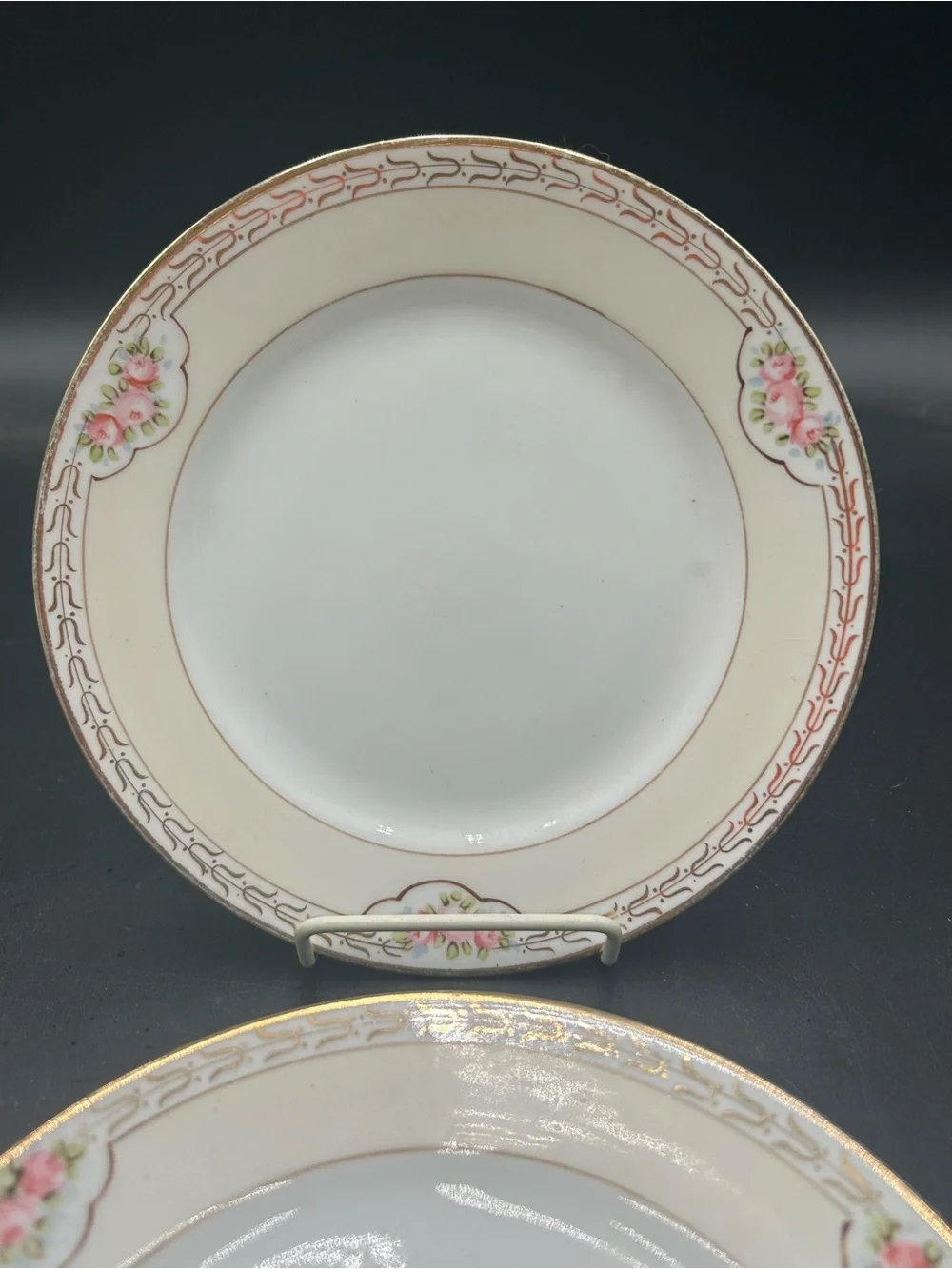 Nippon hand painted Cream and Pink Floral Rim Porcelain Plates - Set of 5